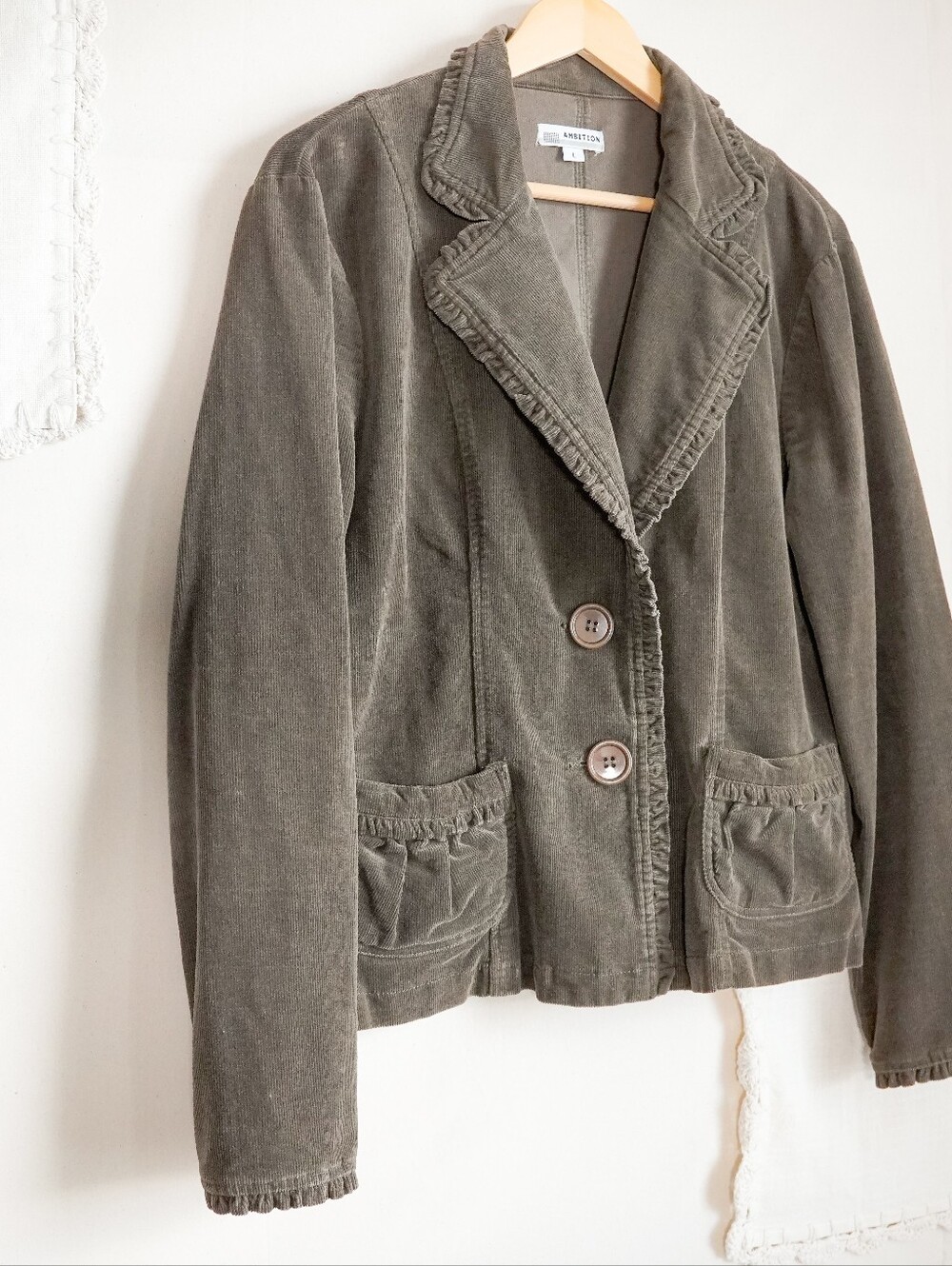 Ambition Olive Green Corduroy Blazer Jacket Ruffle Trim Size Large